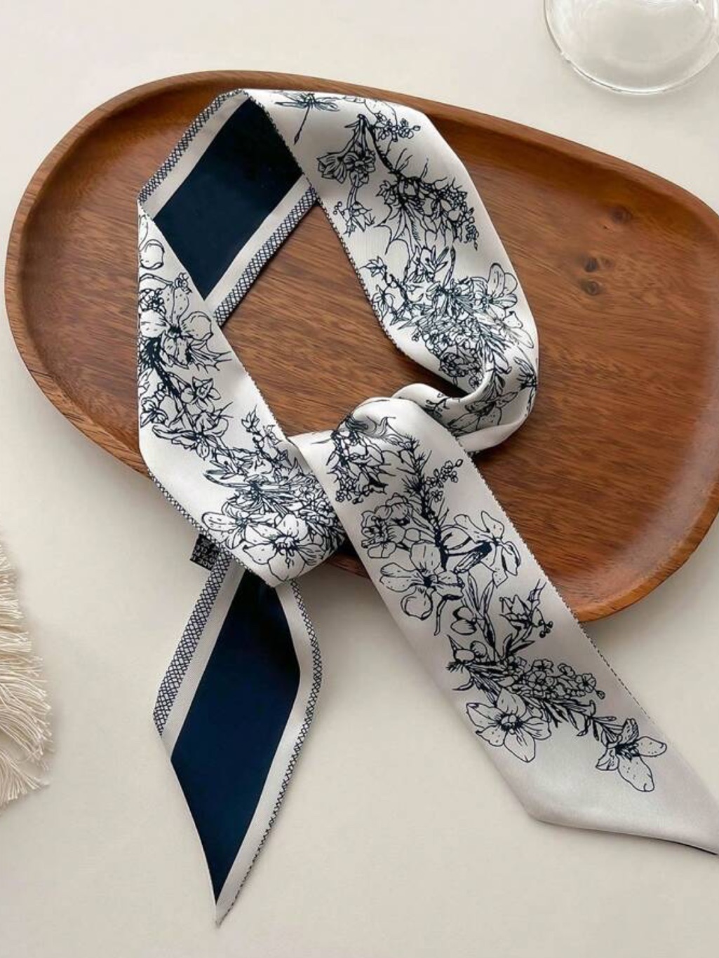 Silk Floral Print Twilly Scarf  White  Navy